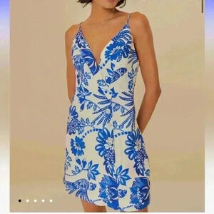 Farm Rio Mini Dress XL Linen Off-White Blue Floral Birds Button Wrap Sleeveless